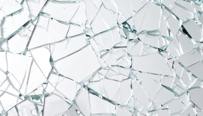 Scattered, shattered clear glass pieces lay abstractly with sharp edges and reflections against a neutral backdrop, creating a fragmented pattern
