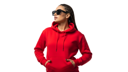 Woman in Hoodie Looking to the Side Confident Woman in Red Hoodie with Braided Hair and Sunglasses 