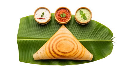 top view of  South Indian Dosa and chutney on Banana Leaf 
