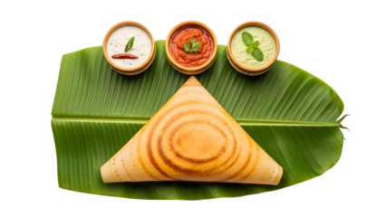 top view of  South Indian Dosa and chutney on Banana Leaf 