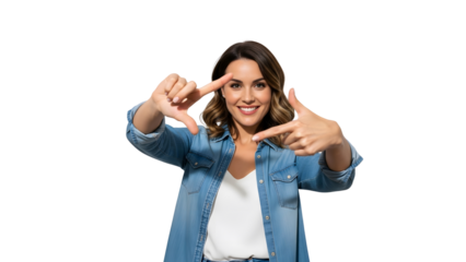 Woman Smiling and Framing an Imaginary Shot Woman Making a Square Frame with Her Fingers  isolated transparent background