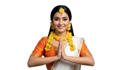 Smiling Woman in Traditional Saree with Gold Jewelry Performing greeting Namaste  isolated transparent background