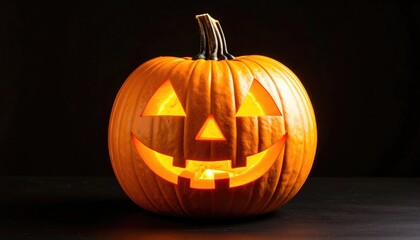 A carved pumpkin with a happy face glows against a dark background.  It has a deep orange skin and a dark stem, making it a spooky Halloween decoration