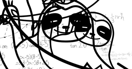 Animation of mathematical equations and sloths drawing over white background - Powered by Adobe