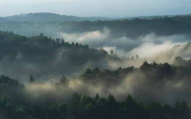 Fototapeta premium Atmospheric Forest View with Rolling Hills and Foggy Valleys