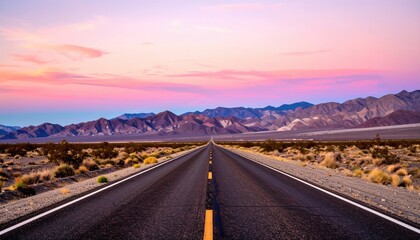 A straight asphalt road runs to the horizon, flanked by desert scrub and distant mountains under a vibrant, colorful sunset sky