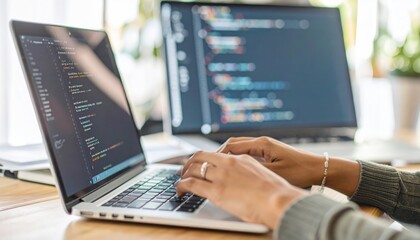 A person's hands type code on a laptop. A second monitor displays more code, set against a blurred background with greenery