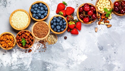 An aerial arrangement of small wooden bowls containing colorful fruits, grains, and nuts, spread across a textured grey surface