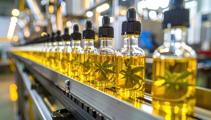 Row of oil-filled bottles with leaf imprint on a conveyor belt in a bright, blurred industrial setting, focusing on the amber liquid and details
