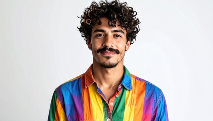 A young man with curly dark hair and a mustache smiles in front of a white backdrop, wearing a shirt with bright rainbow vertical stripes