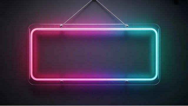 A blank rectangular neon sign with vibrant pink and turquoise glowing edges hangs from a chain against a dark moody background