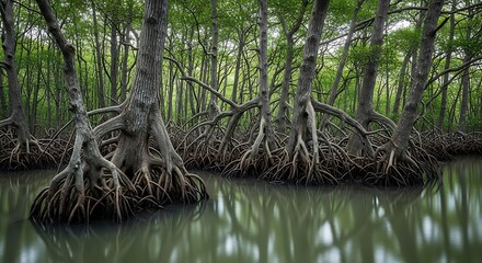 Mangrove forest with intricate root system reflected in water