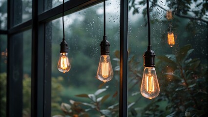 Three Edison filament light bulbs hanging in front of a rainy window vintage