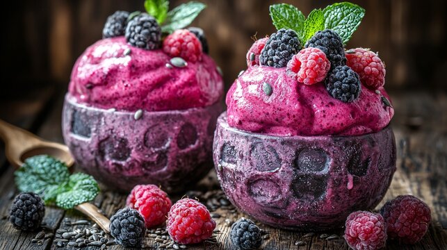 Two bowls of vibrant berry sorbet topped with fresh berries and mint leaves. - Powered by Adobe