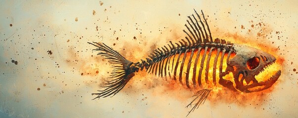 A vivid illustration of a skeletal fish engulfed in vibrant flames.