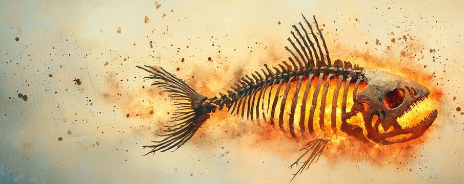 A vivid illustration of a skeletal fish engulfed in vibrant flames.