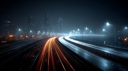 Futuristic smart city highway with neon lights and gradient sky background, symbolizing modern mobility, urban transport, sustainable travel and innovative technology concepts.