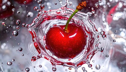 A vibrant red cherry is frozen in time as it impacts water, creating a beautiful splash with glistening droplets and a blurred background