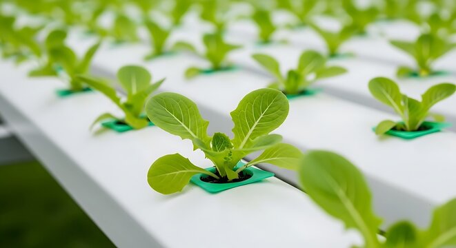 Young lettuce plants growing in a hydroponic system - Powered by Adobe