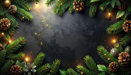 Festive frame with evergreen boughs, pinecones, and twinkling fairy lights on a dark, textured background. Warm holiday atmosphere with potential copyspace
