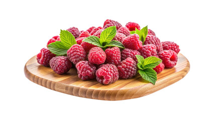 Pile of Fresh Raspberries and Green Mint Leaves on a Wooden Board