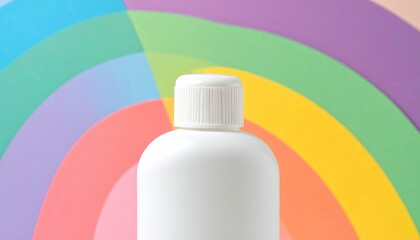 White plastic bottle with a screw top, against a backdrop of overlapping, colorful concentric semi-circles creating a soft, vibrant, cheerful design
