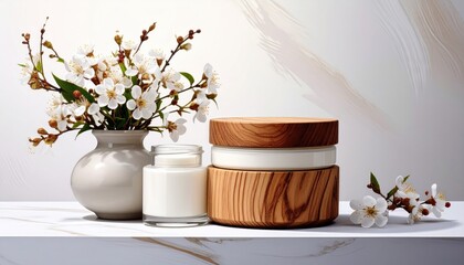 Still life arrangement. Creamy moisturizer in glass jar and wooden container beside a vase of blossoms on a marble surface. Beige tones and natural light