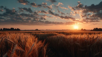 Sunrise over wide farmland with huge empty sky, cinematic agricultural landscape, morning light highlighting crops, perfect eco-friendly marketing background and rural nature concept.