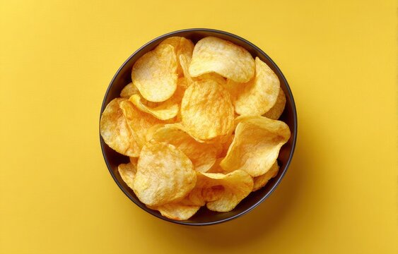 crispy potato chips served in black bowl on yellow background