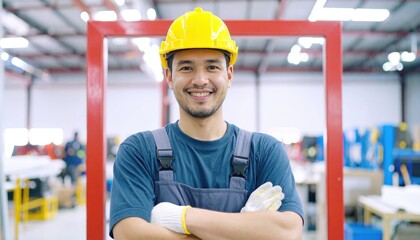 Smiling worker in hard hat and overalls, standing with arms crossed in a bright factory. A red frame sits behind him