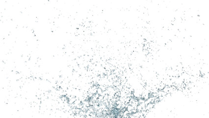 Water splash with scattered droplets and dynamic motion on a white background, suitable for creative stock use across advertising, packaging, hydration themes, and clean design projects.