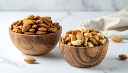 Two bowls of almonds and cashews