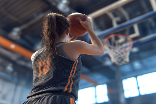 Female basketball player back to camera, preparing to shoot ball into hoop, high-resolution, realistic textures, dynamic sports scene on indoor basketball court, athletic concept.