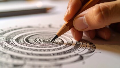 Hand holding a pencil drawing a detailed, intricate, swirling geometric pattern on bright white paper with pencil in blurred background