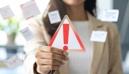 Woman in beige blazer holding red exclamation mark triangle, with floating documents in the background, suggesting warning or important information