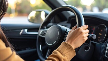 A woman's hands grip a car's steering wheel, showcasing the vehicle's interior with a blurred background, suggesting movement