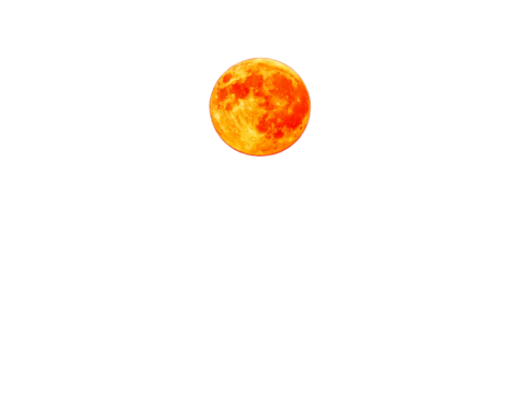 Large Red Moon Rising Over Calm Ocean Horizon, Night View