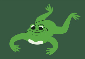 Funny frog lies on its stomach. Anthropomorphic animal in linear flat style.