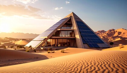 A desert house shaped like a giant pyramid, blending with the sand, futuristic solar panels on the roof.