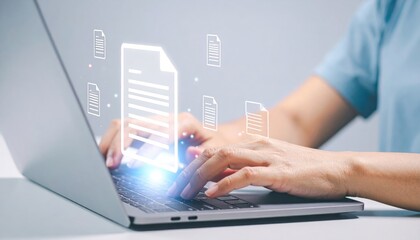 Hands typing on a laptop with hovering digital document icons, suggesting a digital workflow. Light effects emanate from the screen
