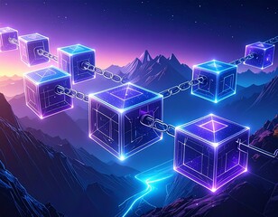 Blockchain Technology Network Concept with Interconnected Glowing Cubes Over Mountain Landscape