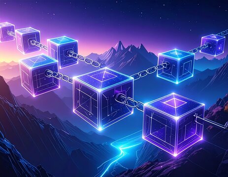 Blockchain Technology Network Concept with Interconnected Glowing Cubes Over Mountain Landscape