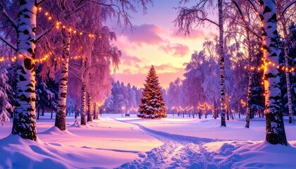 Snowy path leads to a decorated evergreen, surrounded by snow-covered birches and soft light. Fairy lights adorn some of the trees. Soft pastel sky background