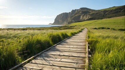 Fototapeta premium Wooden Boardwalk Through Grassy Field Towards Coastal Cliffs Under Sunny Sky wooden path walkway
