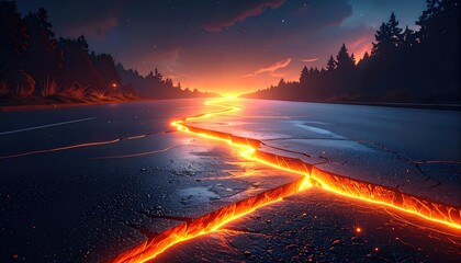 Cracked asphalt road illuminated by fiery fissures under a twilight sky, flanked by silhouetted trees, emitting an otherworldly glow into the landscape