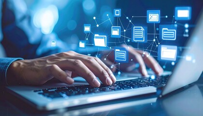 Hands typing on a laptop keyboard, surrounded by glowing digital file icons and interconnected nodes on a blurred, luminous backdrop