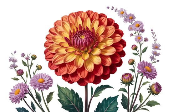 Vibrant orange and yellow dahlia flower surrounded by delicate purple aster flowers isolated on transparent background - Powered by Adobe