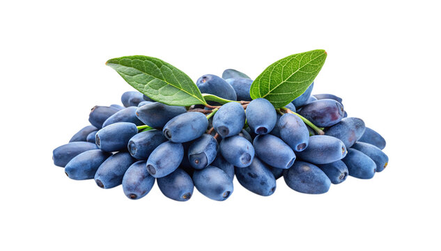 Heap of fresh and ripe haskap berries with green leaves isolated