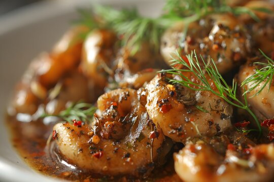 Close-up of steaming hot chitterlings glazed in spicy herb sauce.