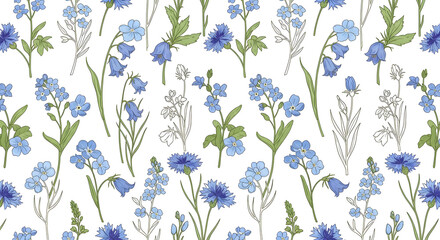 Seamless pattern of delicate blue wildflowers and bellflowers on white background.